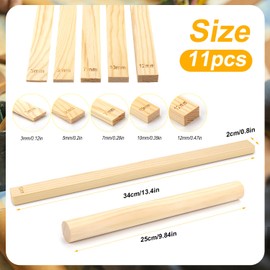 11pcs Pottery Rolling Depth Guide Sticks and Wooden Rolling Pin Set, 3mm 5mm 7mm 10mm 12mm Wooden Rolling Out Sticks, Thickness Strips for Craft Pottery Polymer Clay (5 Sizes)
