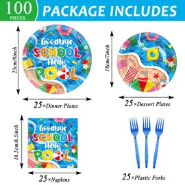Qyeahkj 100 Pcs Pool Party Decoration for Goodbye School Hello Pool Paper Plate Napkin End of School Year Dinnerware Table Supplies Summer Vacation Graduation Birthday Party Tableware Decor Serves 25
