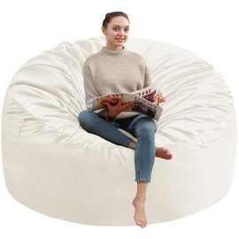 SIMFLAG 3FT Bean Bag Chair, Comfy Bean Bag Chairs with Memory Foam Filled, Fluffy Beanbag Sofa with Dutch Velvet Cover, Round BeanBag Chairs for Living Room, Playroom - Beige