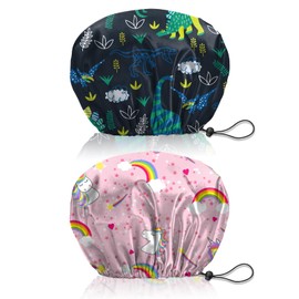 BHAHB 2 PCS Shower Cap Reusable Waterproof Double Layer Elastic Adjustable Hair Bath Caps Cute Aesthetic for Women Girls (V12-Dinosaurs Unicorn)