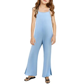 blibean Teen Girls Summer Romper Little Kids Casual Sleeveless Jumpsuit Tween Solid Outfit Spaghetti Strap Clothes Flare Wide Split Pants Size 6-7 Years Old Sky Blue