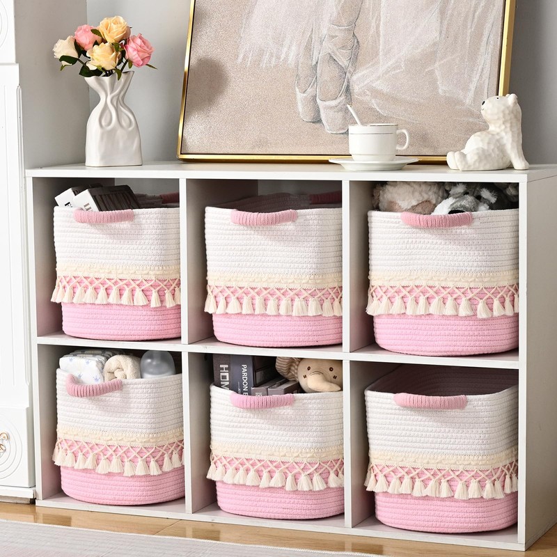 6 Pack Storage Basket for Shelves, Boho Cotton Rope Storage