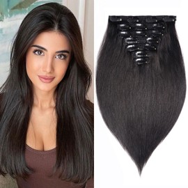 16" Clip in Human Hair Extensions Full Head 130g 7 Pieces 16 Clips 1B# Natural Black Double Weft Brazilian Real Remy Hair Extensions Thick Silky Straight (16", Natural Black)