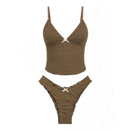 seamoly Geometric Textured Bowknot Decor Tankini Set, Coffee, XL