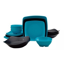 Anforama Vajilla Cuadrada Tipo Plastico Melamina Azul/ Negro 20piezas