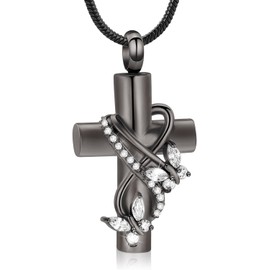 memorial jewelry Cremation Jewelry For Ashes Pendant Necklaces - Butterfly Cross Urn Necklace With Crystal Butterfly Minicremation (Black White)
