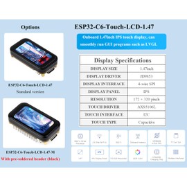 ESP32-C6 1.47inch Touch Display Development Board, 172x320 Resolution IPS LCD, 262K Display Color, Supports W-F-i 6 / BLE 5, 160MHz RISC-V Processor, Type-C, with Pre-Soldered Header