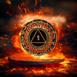 1 Year Sobriety Coin | Flames AA Chip Medallion Recovery Gift Anniversary Token with Alcoholics Anonymous 10th Step Promise Affirmation