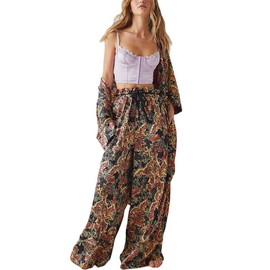 SOOKABEILA Womens Y2k Silk Pajama Sets Floral Print Long Sleeve Button Down Shirts Wide Leg Pants 2 Piece Lounge Sets (Deep Brown,M)