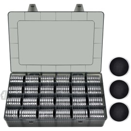 FULLCASE 168 Pieces 46mm Coin Capsules with Foam Gasket and Plastic Storage Organizer Box, 6 Sizes (20/25/27/30/38/46mm) Coins Collector Case Holder for Coin Collection Supplies (Grey)