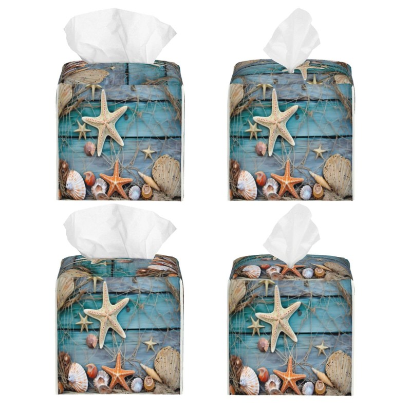 Starfish Seashell Summer Square Tissue Boxes, Tissue Box Holder 5.2"x5.2"x5.2"