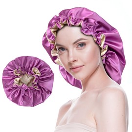 Beutyme Silk Bonnet for Sleeping Satin Bonnets Double Layer Reversible Hair Cap Bonnet for Women Long Curly Braid Hair (Orchid)