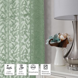 Chyhomenyc Sage Green Sheer Curtains 63 Inch Length 2 Panels Set, Soft Light Filtering Curtains for Living Room Bedroom, Leaf Clip Jacquard Rod Pocket Farmhouse Curtains, 42Wx63L Inches, 2 Panels