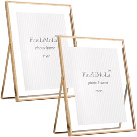 Gold 8x10'' Floating Frame 2Pack for Picture Sizes (5x7'', 6x8'', 7x9''），Beaded Thin Metal Edge Floating Frames 5x7'' gold, Adjustable Tabletop/Shelf Photo Frame, Classy Wedding Gift and Home Office Decor
