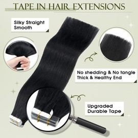 Benehair Tape-In Real Hair Extensions, Invisible Tape Extensions, Real Hair, 20 Pieces, 30 g, Remy Natural Tapes, 40 cm, Dark Black #1