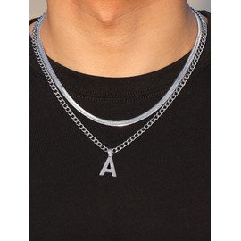 Esmoly Men's Necklaces Initial Necklace Silver Gold Black 316L Stainless Steel Necklace with Letter A-Z Cuban Chain Herringbone Chain Layered Gifts for Men Boys 18+20 Inches (Silver K)