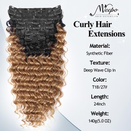 MEEPO Black Strawberry Blonde Curly Clip In Hair Extension For Black Women Double Weft Hairpiece Synthetic Thick Hair Extension Clips Natural Looking Long 24 inch Deep Wave (T1B/27（Pack of 7）)