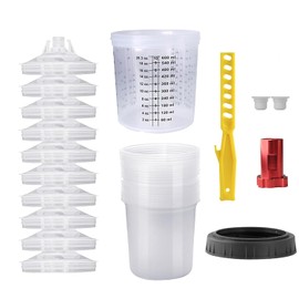 Disposable Paint Mixing Cup Kit,HVLP Paint Sprayer Gun Mixing Cups 20 Ounce (600ml) Kit with 10 Cups and Lids System, 2 Plugs and 1 Hard Cup with Retainer Ring, 1 Cup Adapter,Paint Stirrer (10)