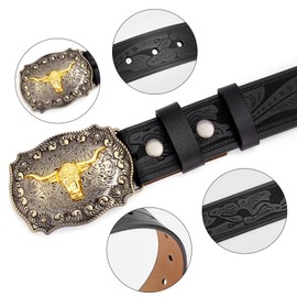 BISON DENIM Men's Western Double Embossed Leather Belts with Golden Cowboy Longhorn Bull Pattern Floral Engraved Buckle Belt