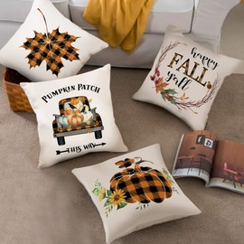 pinata Pumpkin Fall Pillow Covers 18x18 Inch Buffalo Plaid Throw Pillow Case Set of 4 Decorative Thanksgiving Linen Autumn Farmhouse Buffalo Check Decor for Couch Home Patio Outdoor Fall Decor