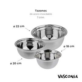 Vasconia | Juego de Tazones Esencial 3 Piezas de Acero Inoxidable 18, 20 y 22 cm