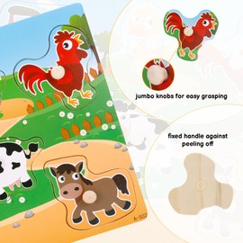 2 Set Wooden Puzzles for Kids 3-6 Year Olds, Chunky Baby Puzzles Farm Animals Peg Puzzles, 13 Pcs Full-Color Pictures for Preschool Educational Jigsaw Puzzles（Modern ）