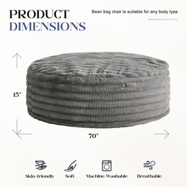 Hobestluk Bean Bag Chairs Beanbag Chair with Filler Adult Bean Bags with Fluffy Ripple Cover, Giant Bean Bag Chairs for Adults (Grey, 6FT - 70" x 70" x 15")