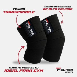 FELTER FITNESS Vendas para rodillas gym, rodilleras elásticas soporte para levantamiento de peso (negro)