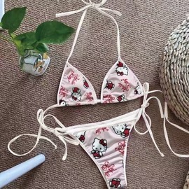 International 2023 New Cherry Print Small Bust Bikini 3-Piece Plaid Set - Trendy Chic Light L/White 5ea
