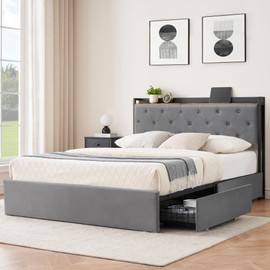 Alkmaar Queen Bed Frame with 4 Storage Drawers and Charging Station,Grey Queen Upholstered Bed Frame with Storage Headboard No Box Spring Needed Noise-Free (Queen)