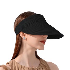 Inshere Women's Sun Visor Hat Straw Sun Visors for Women Summer Foldable Ponytail Beach Hats for Women Travel UPF 50+, black