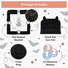 Bumba Kids Multi-Use Bat Blanket has a Monthly Baby Milestone Blanket Option and Plush Black Baby Hat with Ears, Baby Bat Swaddle Blanket, Goth Baby Stuff