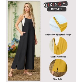 QIXING Black Rompers for Women Casual Overalls Boho Rompers Sleeveless Summer Grils Wide Leg Jumpsuit with Pockets