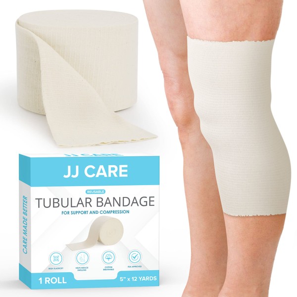 JJ CARE Tubular Bandage, 5” x 12 Yards Stockinette Tubing for Legs and Knees, Size G Reusable Elastic Bandage Sleeve, Tubular Compression Bandage Roll for Large Thighs, Rubber Latex w/Cotton