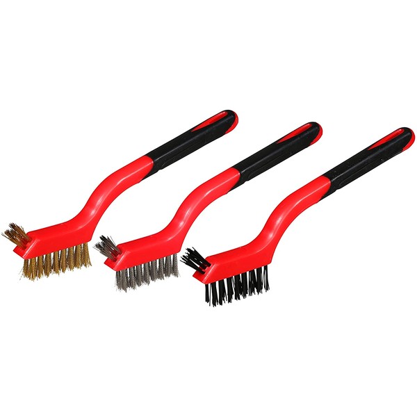 Supply Guru 3-Piece Cleaning Brush Detailing Wire Brush Set, Brass, Stainless Steel, and Nylon, Heavy Duty, Crimped Scratch Brush, Extra Cluster of Bristles for Hard-to-Reach Areas, Length 7”.