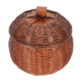 Cabilock Mini Rattan Storage Basket Pumpkin Shaped Round Rattan Boxes with Lid Hand- Woven Organizer Bin Pot Container for Snacks Gobang Chess Egg Fruit Toy