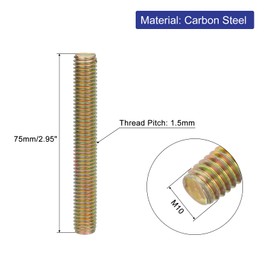 uxcell 5 Pcs Fully Threaded Rod, M10-1.5x75mm Carbon Steel Long Thread Screw Right Hand Threaded for Furniture Mounting Assembly Fastening