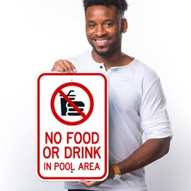 Sigo Signs, No Food Or Drink in Pool Area with Graphic Sign, 12x18 Inches, 55 mil Thick HDPS (high Density polystyrene), Made in USA