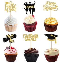 Chewarelly 24 Pack 2025 Congrats Grad Cupcake Toppers Set, Glitter Graduation Cupcake Decor, Class of Cupcake Picks for Senior High School College Grad Party Decorations Supplies(Black with Gold) B
