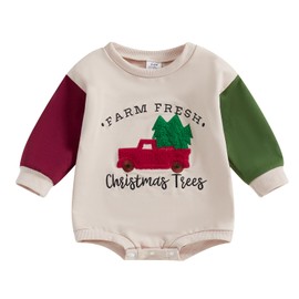 FIOMVA My First Christmas Baby Boy Outfit Newborn Bubble Romper Sweatshirt Infant Girl Knit Sweater Fall Winter Clothes (H Farm Fresh Christmas Trees Apricot,0-3 Months)