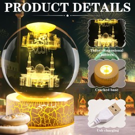 FUFRE Ramadan Decorative LED Crystal Ball Night Light, Eid Mubarak Decoration, 6 cm USB Power Supply Crystal Ball with Base, Muslim Decoration Gifts for Children, Friends, Couple, Birthday, Festival