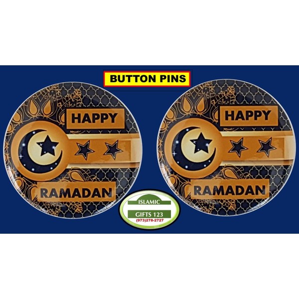 [12 Pack] Happy Ramadan Button Pins BLUE Ramadan Mubarak Favors