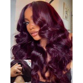 Nadula 13X4 HD Black Cherry Body Wave Lace Front Drawstring Wigs Human Hair with with Face Framing Bangs - Pre Everything Glueless Wig with Ear Tape Pre Plucked Bleached Knots Ready to Go 20inch