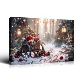 Christmas Gift Winter Wall Decor Snowy Wagon with Pine Branches & Ornaments, Great for Festive Cheer & Home Christmas DecorColor: multi color, Size: 24*16 inch
