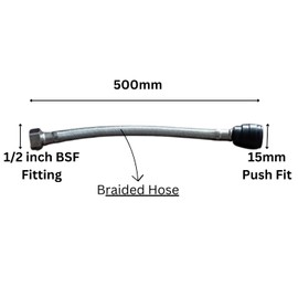 15mm Push Fit x 1/2" BSP, Flexible Hose Pipe Tap Tails, Long Lasting, Stainless Steel, Leak Proof (500mm)
