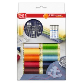 Gütermann creativ Sewing Thread Set with 10 spools Sew-All Thread 100 m in Bright Colours + Hand Sewing Needles by PRYM and Sewing Machine Needles by SCHMETZ