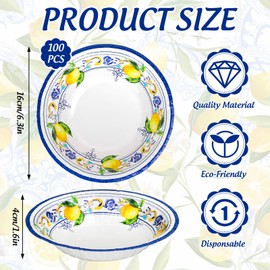 FYSUIMU 100Pcs Capri Lemon Paper Bowls Blue Floral Yellow Lemon Disposable Serving Plates Round Ice Cream Bowl for Summer Birthday Home Party Dining Table Supplies