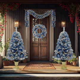 SOFTSEA 4-Piece Christmas Tree Garland Wreath Set, Pre-lit Holiday Christmas Tree, Artificial Garland, Wreath & Set of 2 Entrance Trees with LED Lights, Flocked Xmas Tree Party Home Decor, Blue
