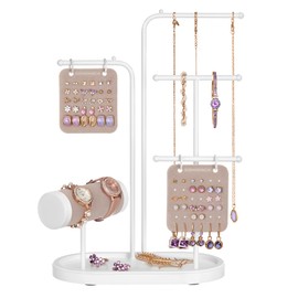SONGMICS Jewellery Stand, Jewellery Organiser, Jewellery Display Holder with Metal Frame, 2 Earring Boards, 4 Hanging Rods, Necklace Earring Bracelet Holder, for Watches, Cloud White JJS025W01