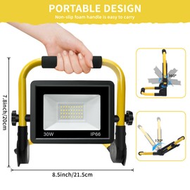 Jefedana 30W LED Work Light with Stand-Portable Work Light with 16.4FT Cord and US Plug - IP66 Waterproof 6500K 3600LM LED Flood Light for Job Site Workshop Garage Construction Site Lighting